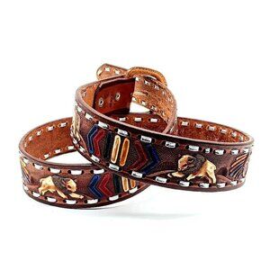 Mexican Silver Brown Hand-Tooled Painted Leather Belt - 36